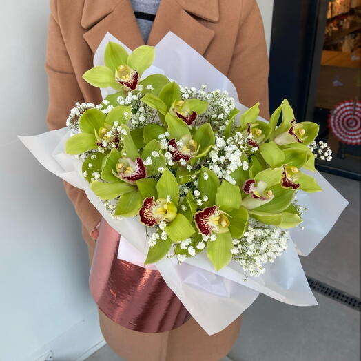 Apple orchid in a box with gypsophila