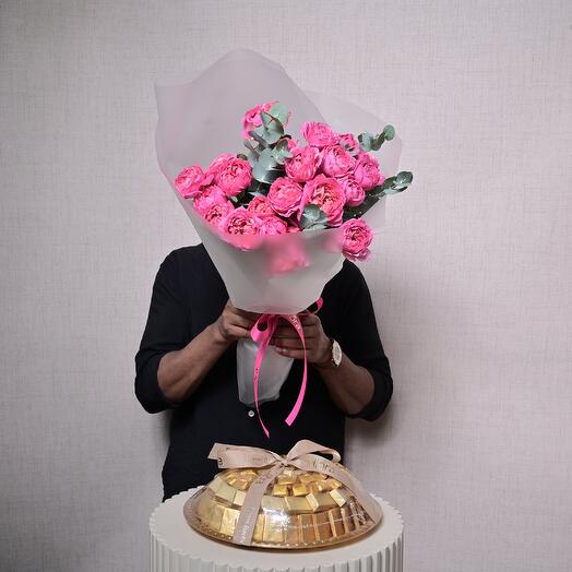 Julietta Cerise Roses Bouquet and Luxurious Chocolate Gift Platter Combo  6847