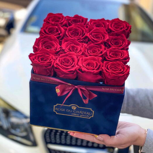 Red Eternal Roses in a Navy Flocked Square Box