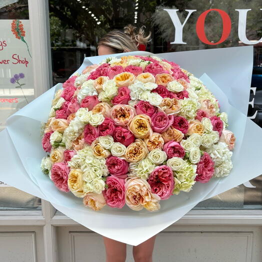 Confession bouquet (garden roses cream and pink, hydrangeas, spray roses white)