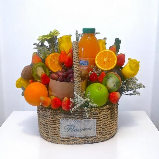Fresh Fruit and Flower Gift Basket – Mixed Fruits, Yellow Roses   Juice Hamper