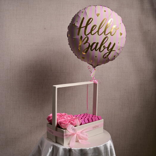 Pink Rose and Chocolate Leather Basket with  Hello Baby  foil balloon  6186