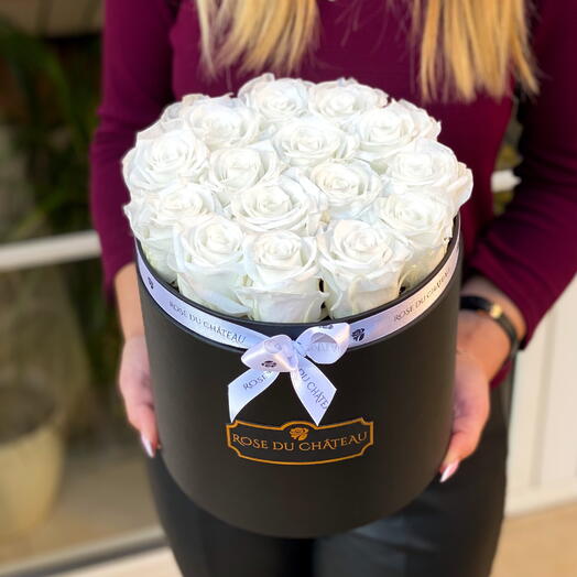 White Eternal Roses in a Black Round Box