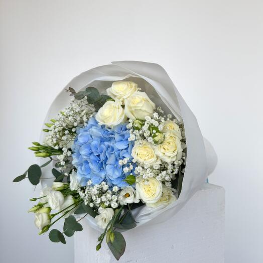 Blue Hydrangea with white spray roses